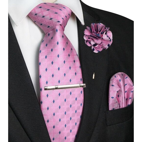 🆕Men Pink Plaid Checkered Necktie and Pocket with Tie Clip Lapel Pin Set Ties - Picture 2 of 4